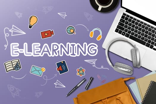 Laptop, headphone and backpack on purple background with word e-learning.