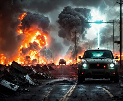 The image shows a group of cars driving down a deserted road surrounded by flames and smoke.