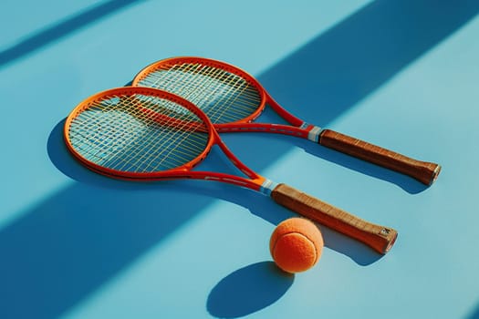 Two rackets and a tennis ball on a blue tennis court surface. The concept of competition, sport, Olympic Games.