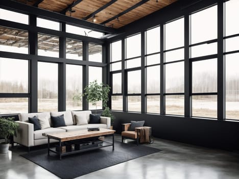 The image shows a large, open room with high ceilings, large windows, and wooden floors.