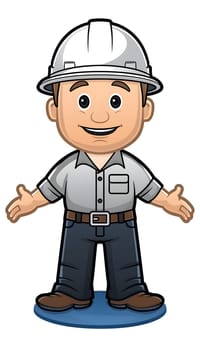 A cartoon illustration of a construction worker with a big smile, wearing a hard hat and uniform. The fictional character is making a gesture while adjusting his tie, in a playful drawing style
