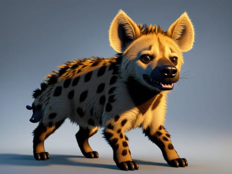 The image is a cartoon representation of a young hyena standing on its hind legs, looking up at the viewer with its big brown eyes.