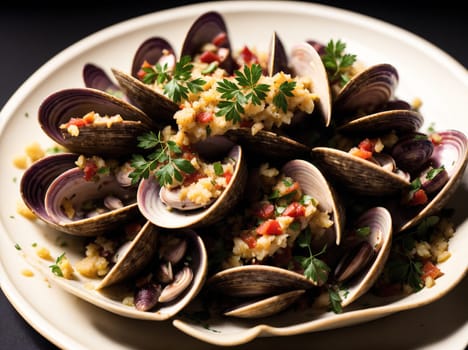 The image shows a bowl of steamed mussels with garlic and parsley on a white plate.