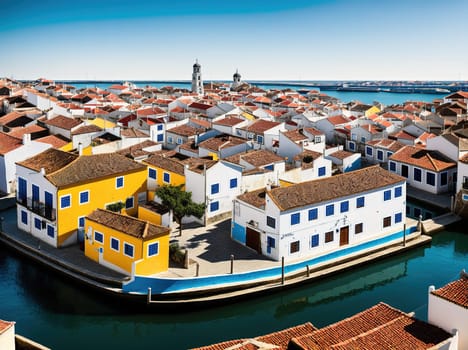 The image shows a small town with colorful houses and a river running through it.