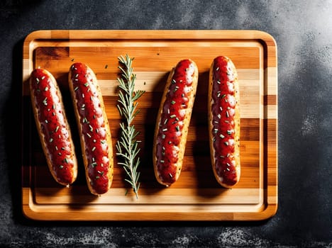 The image shows a wooden cutting board with three sausages on it, surrounded by rosemary sprigs.