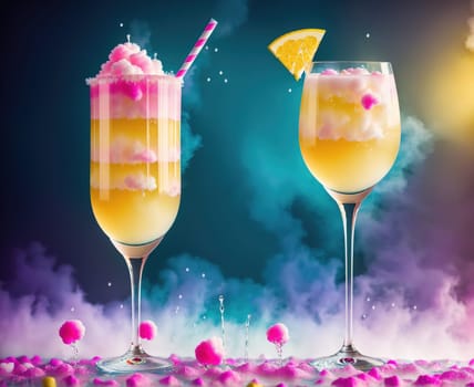 The image shows two glasses of pink drinks with ice cubes and straws on a cloudy background.