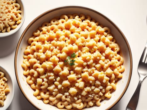 The image shows a plate of macaroni and cheese with a fork and spoon on the side.