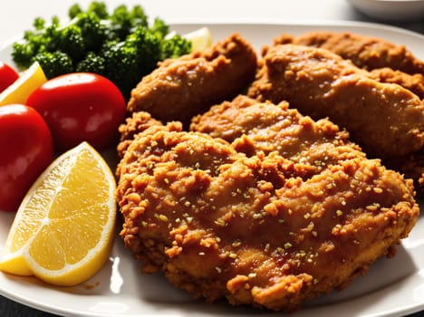 The image shows a plate of fried chicken with lemon wedges and a side of vegetables.