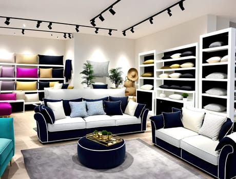 The image shows a modern living room with white walls, black and white furniture, and colorful throw pillows.