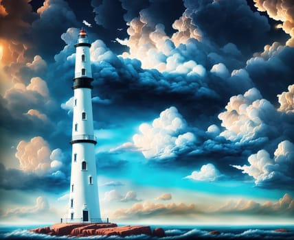 The image depicts a lighthouse standing on a rocky outcropping in the middle of the ocean, with a cloudy sky in the background.