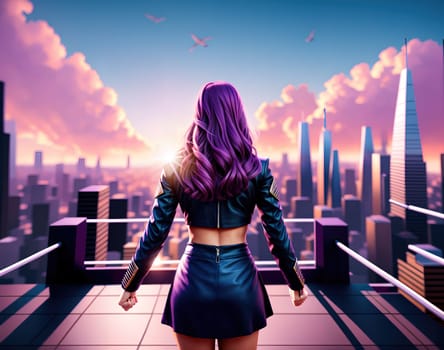 The image depicts a woman standing on a rooftop overlooking a city skyline at sunset, wearing a black leather jacket and sunglasses.