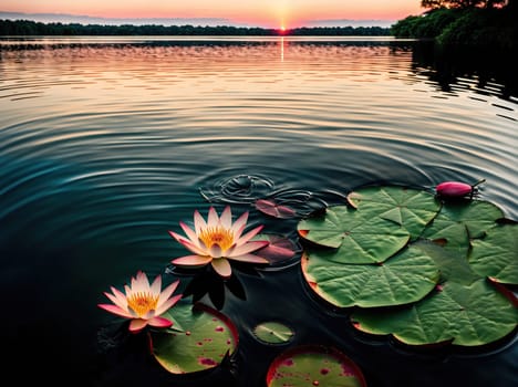 The image shows a serene lake with water lilies floating on the surface, surrounded by trees and a sunset in the background.