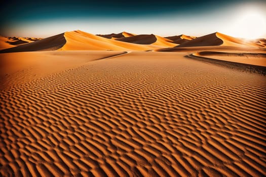 The image is a desert landscape with sand dunes and mountains in the background.