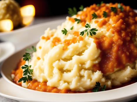 The image shows a plate of mashed potatoes with gravy and a side of vegetables.