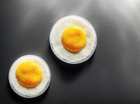 The image shows two fried eggs on a plate with a light background.