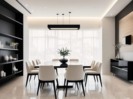 The image is a modern dining room with a large wooden table and chairs, a large window with white curtains, and a minimalist decor.