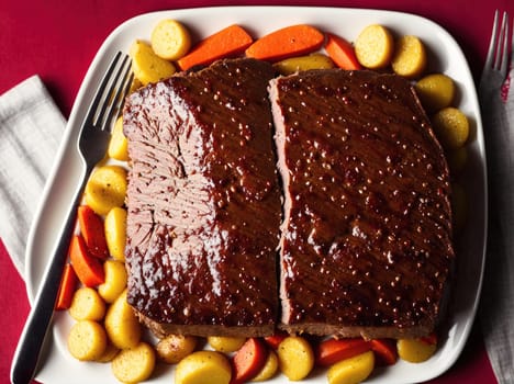 The image shows a plate of roast beef with carrots, potatoes, and other vegetables.