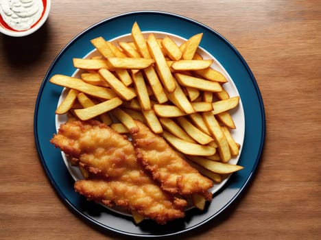 The image shows a plate of french fries and a glass of ketchup on a table.