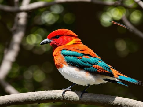 The image shows a small, brightly colored bird perched on a branch of a tree, with its beak open and its feathers ruffled.