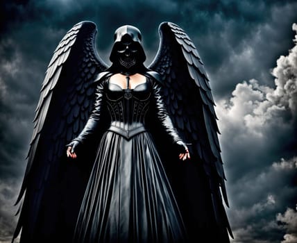 The image depicts an angel standing in the middle of a cloudy sky, with its wings spread wide and its hood pulled back to reveal its face.