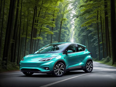 The image shows a blue electric car driving down a forest road with trees on either side.