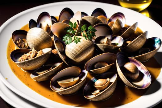 The image shows a plate of steamed mussels with garlic and parsley on a white tablecloth.