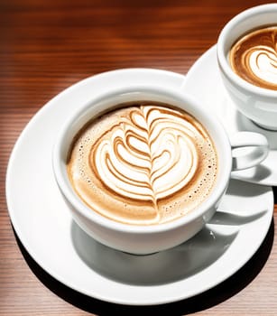 The image shows two cups of coffee on a table with a white background.