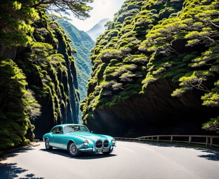 The image shows a blue sports car driving down a winding road through a dense forest with tall trees on either side of the road.