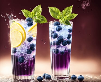 The image shows two glasses of blueberry lemonade with ice cubes and mint leaves on the side.