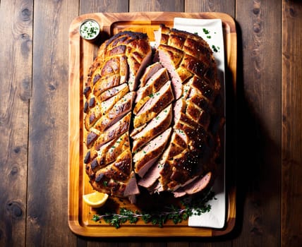 The image shows a large, sliced roast beef on a wooden cutting board, surrounded by sliced vegetables and herbs.