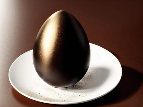 The image is a golden egg sitting on a white plate.