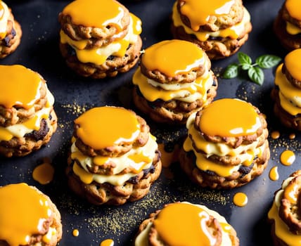 The image shows a stack of cheesecake bites with orange glaze and sprinkles on top, arranged on a black background.