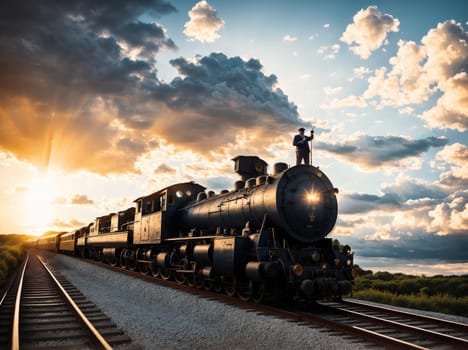 The image shows a vintage steam locomotive chugging along a railroad track at sunset, with the sky filled with clouds and the sun setting in the background.