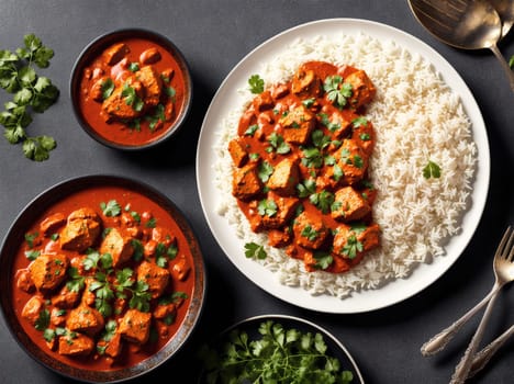 The image shows a plate of chicken curry with rice and utensils on a table.