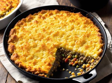 The image shows a baked lasagna dish with layers of pasta, meat sauce, and cheese in a black cast iron skillet.