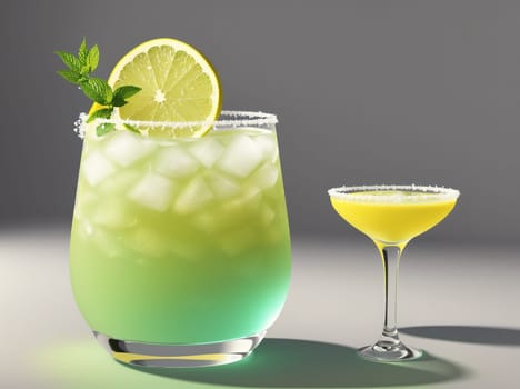 The image is a cocktail glass filled with a green drink and a lemon slice on the side.
