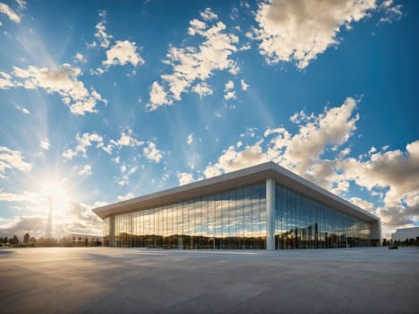 The image is a 3D rendering of a large, modern building with large windows and a flat, white roof.