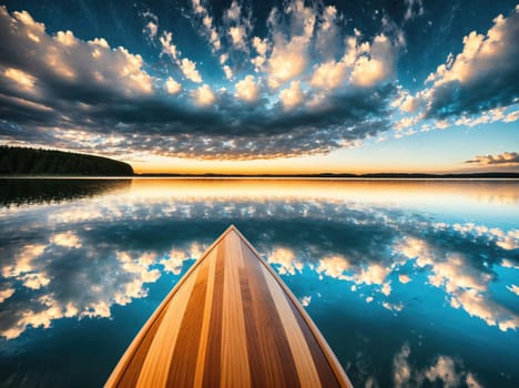 The image shows a wooden canoe floating on a calm lake at sunset, with a reflection of the sky and trees in the water.