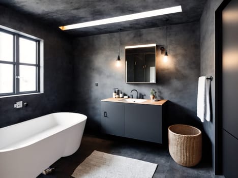 The image is a bathroom with a white bathtub, a white sink, and a white toilet in a grey concrete room with a skylight.