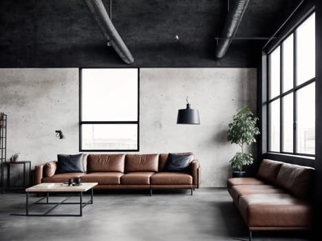 The image depicts a modern living room with brown leather couches, a wooden coffee table, and a large window with white curtains.