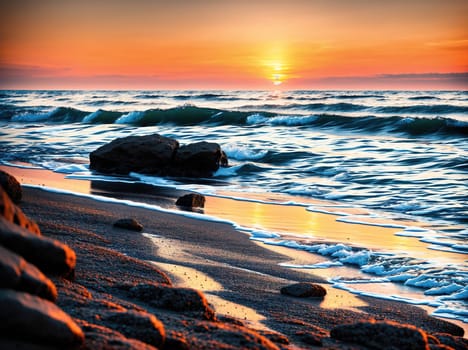 The image shows a sunset over the ocean with rocks and sand on the beach.