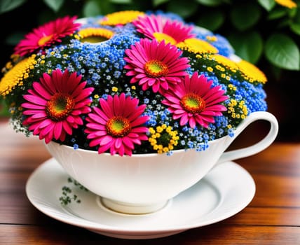 The image is a white teacup filled with colorful flowers.