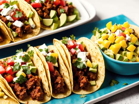 The image shows a platter of tacos with ground beef, lettuce, tomatoes, avocado, and salsa.