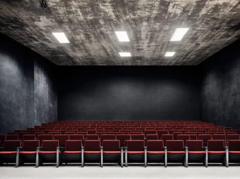 The image depicts an empty auditorium with rows of empty red chairs facing a blank wall.