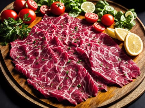 The image shows a platter of raw meat, including beef, pork, and lamb, arranged on a wooden cutting board with sliced lemons, tomatoes, and herbs.