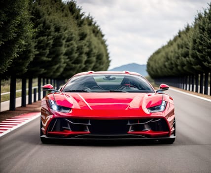 The image shows a red sports car driving down a winding road with trees on either side.