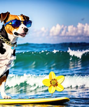 The image shows a dog sitting on a surfboard in the ocean, wearing sunglasses and a leash, with a yellow flower in its mouth.