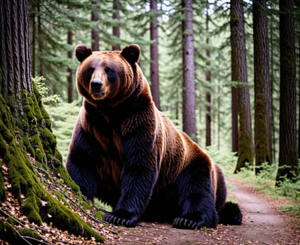 The image shows a brown bear standing in the middle of a forest, surrounded by tall trees and underbrush.