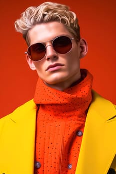 Stylish fashionable blond man wearing glasses and a yellow coat of famous brands. High quality photo