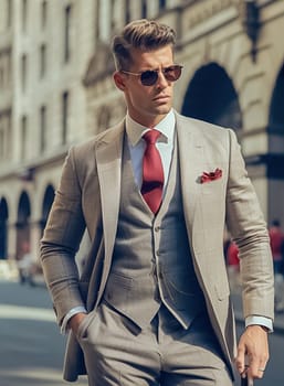 Stylish fashionable blond man in glasses and a beige suit from famous brands. High quality photo